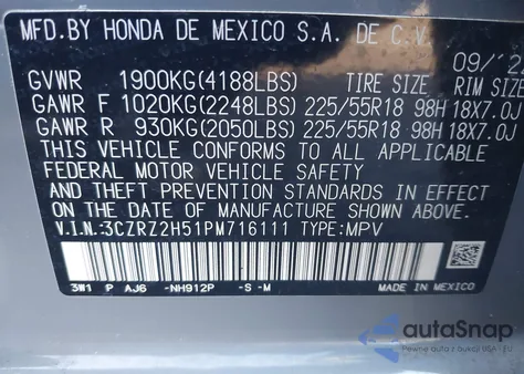 2023 Honda Hr-V Awd Sport z USA, uszkodzony, nr VIN 3CZRZ2H51PM716111